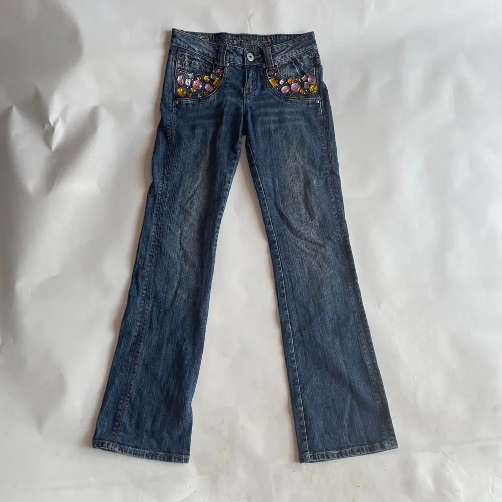Y2K Low Rise Flare Embroidered Jeans 26 XS